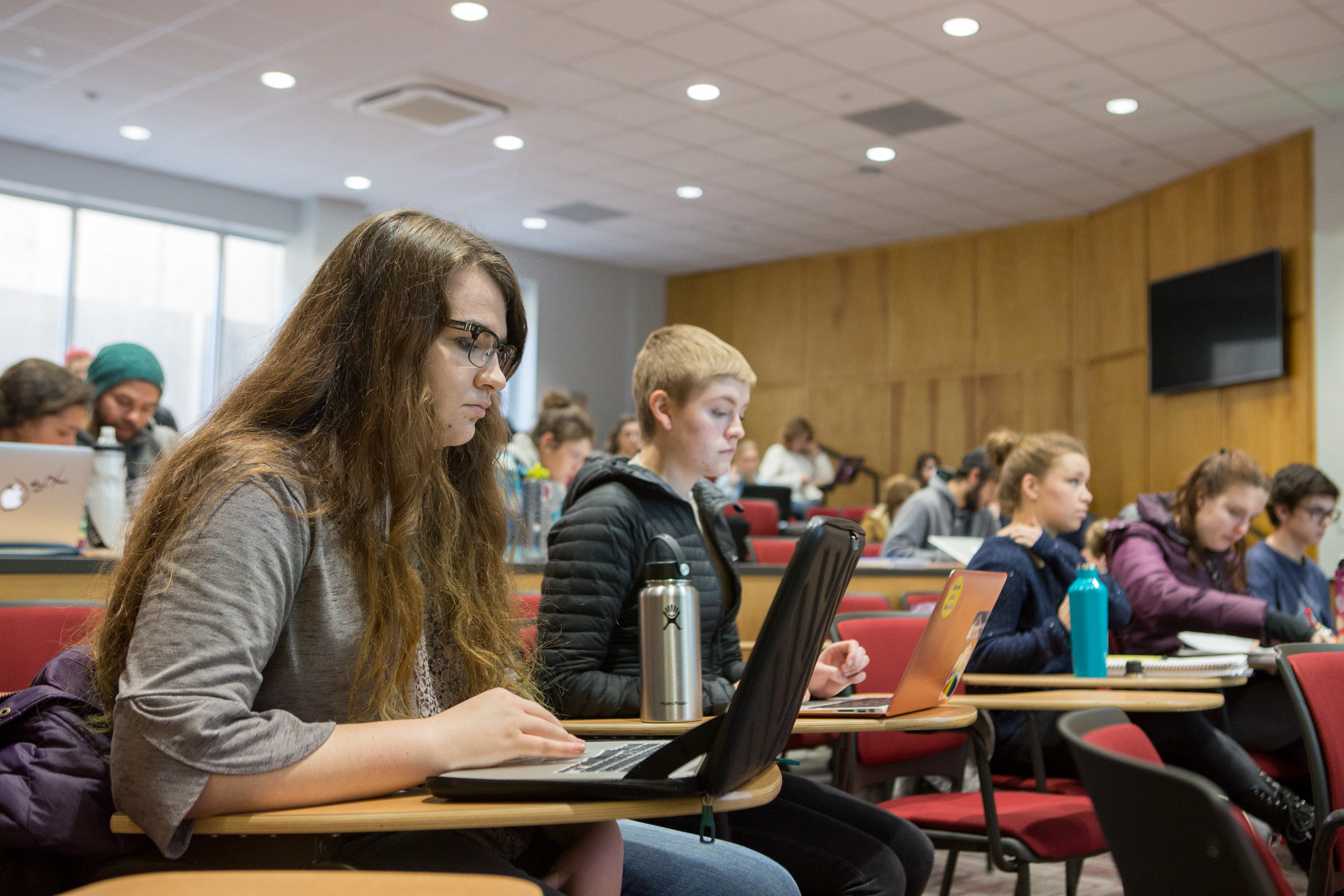 Students attend class in Eck Hall