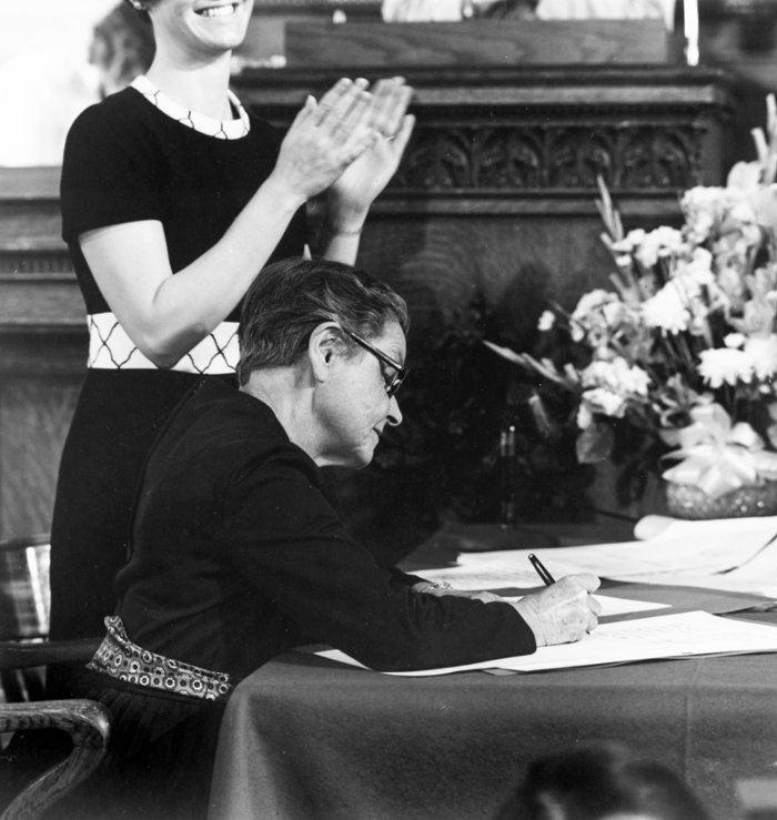 Lucile Speer, delegate to Montana Constitutional Convention, 1971-72, signs the Constitution on March 22, 1972. Credit: Montana Historical Society Research Center Photograph Archives, Helena.