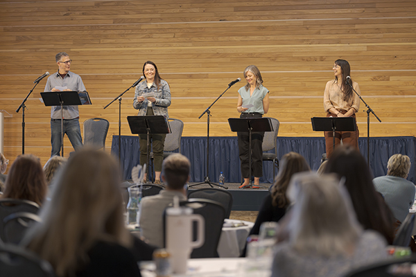 Michael Rohd, Jackie Vetter, Courtney Davis, and Kendra Mylnechuk Potter at a presentation of State of Mindat the Montana Healthcare Foundation Symposium in Bozeman. Photo by  Bright Side Photo and Video.