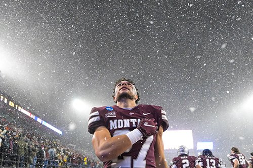 Gradney soaks in the atmosphere at a packed Washington-Grizzly Stadium as the Grizzlies face the University of Delaware Fightin’ Blue Hens in December 2023.